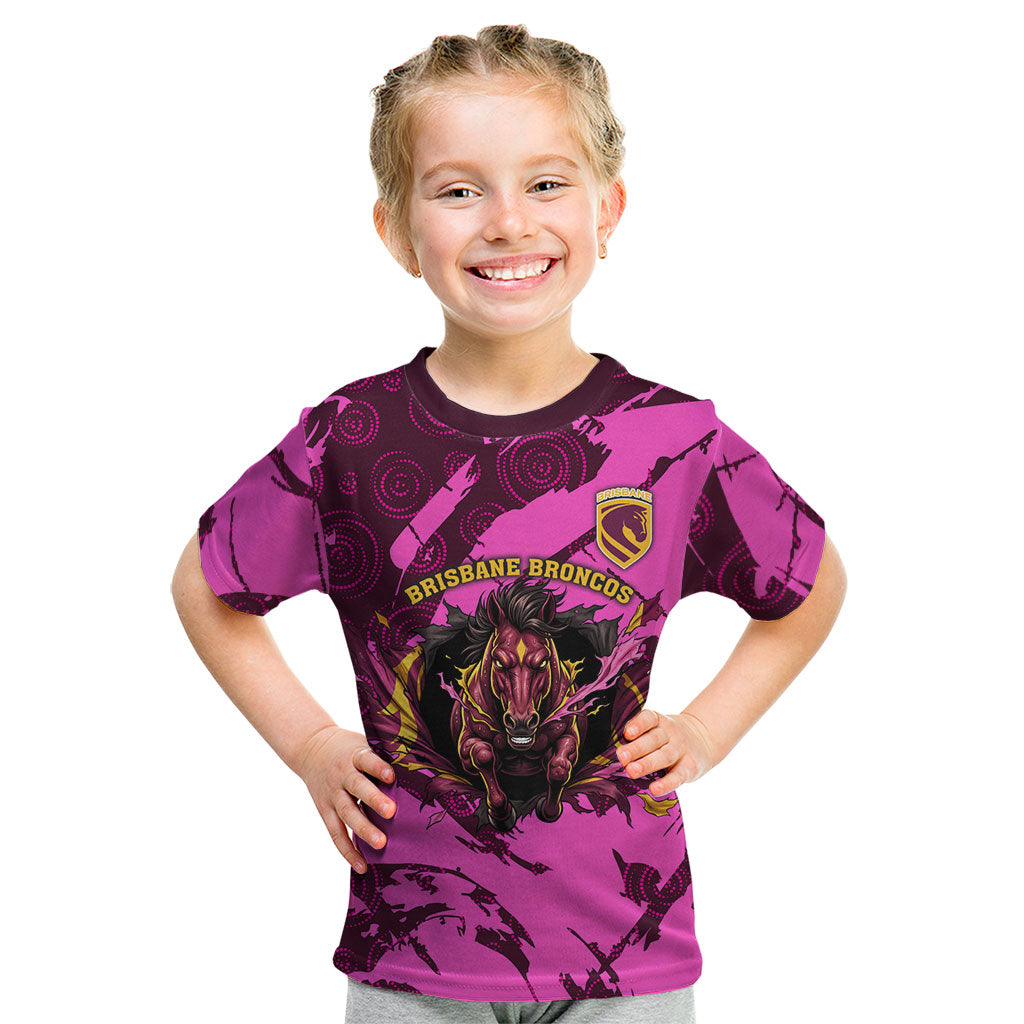 Personalised Brisbane Broncos Kid T Shirt Fierce Horse Mascot In Pink Aboriginal Dot Art Style