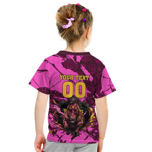 Personalised Brisbane Broncos Kid T Shirt Fierce Horse Mascot In Pink Aboriginal Dot Art Style