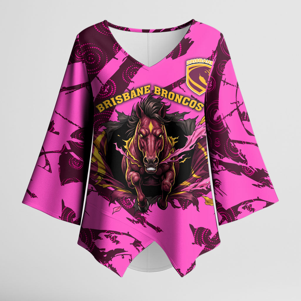Personalised Brisbane Broncos Kimono Sleeve Blouse Fierce Horse Mascot In Pink Aboriginal Dot Art Style