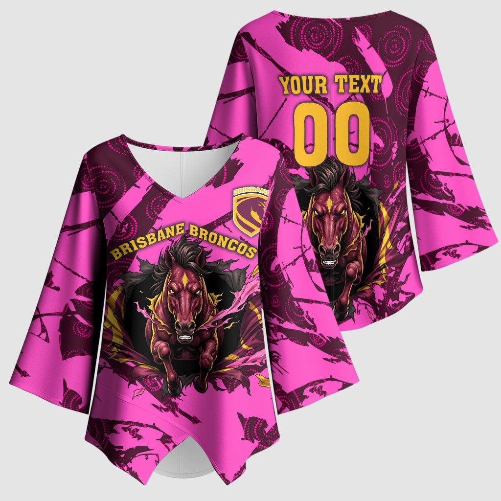 Personalised Brisbane Broncos Kimono Sleeve Blouse Fierce Horse Mascot In Pink Aboriginal Dot Art Style