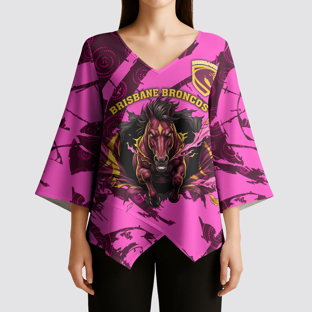Personalised Brisbane Broncos Kimono Sleeve Blouse Fierce Horse Mascot In Pink Aboriginal Dot Art Style