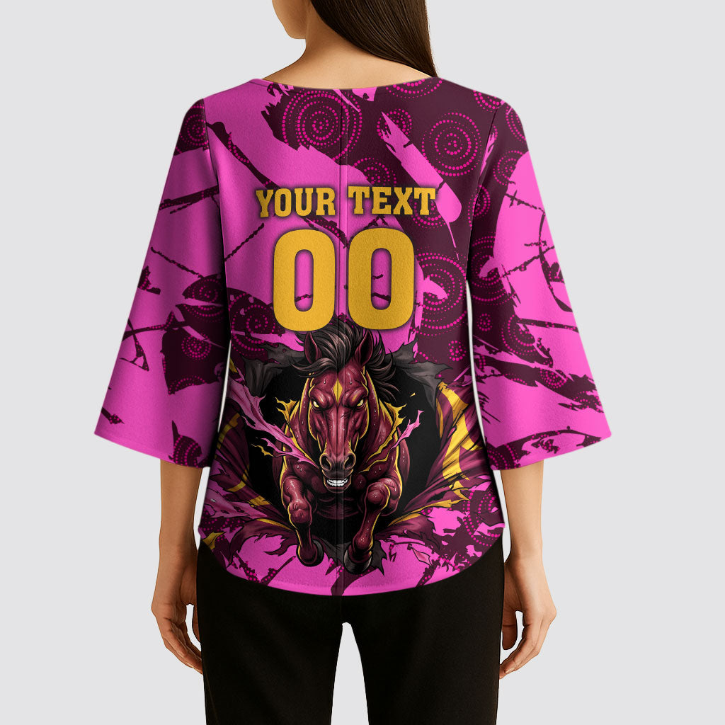 Personalised Brisbane Broncos Kimono Sleeve Blouse Fierce Horse Mascot In Pink Aboriginal Dot Art Style