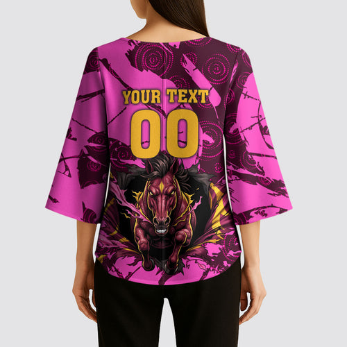Personalised Brisbane Broncos Kimono Sleeve Blouse Fierce Horse Mascot In Pink Aboriginal Dot Art Style