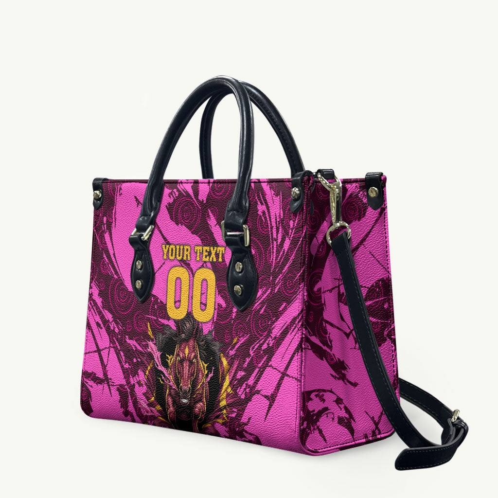 Personalised Brisbane Broncos Leather Bag Fierce Horse Mascot In Pink Aboriginal Dot Art Style