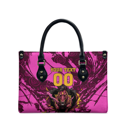 Personalised Brisbane Broncos Leather Bag Fierce Horse Mascot In Pink Aboriginal Dot Art Style