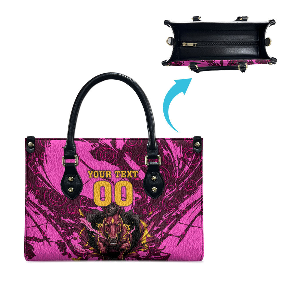 Personalised Brisbane Broncos Leather Bag Fierce Horse Mascot In Pink Aboriginal Dot Art Style