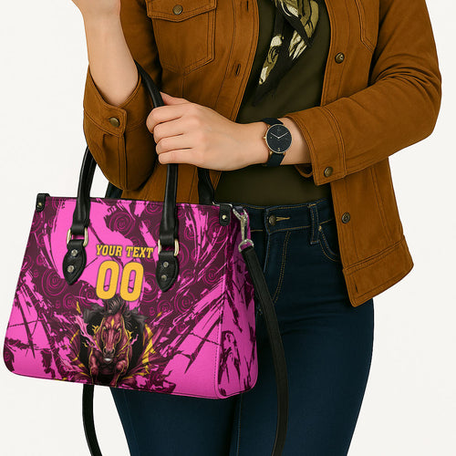 Personalised Brisbane Broncos Leather Bag Fierce Horse Mascot In Pink Aboriginal Dot Art Style