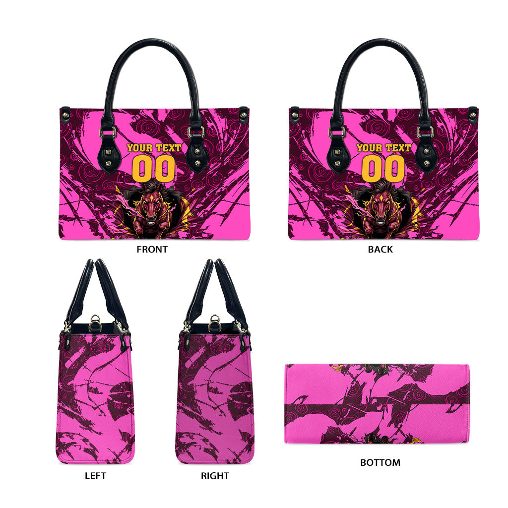 Personalised Brisbane Broncos Leather Bag Fierce Horse Mascot In Pink Aboriginal Dot Art Style