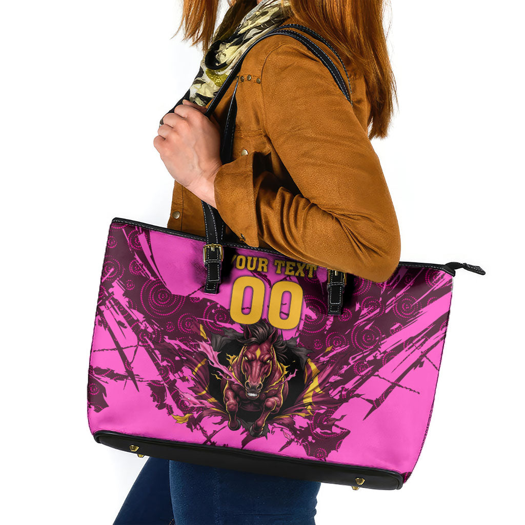 Personalised Brisbane Broncos Leather Tote Bag Fierce Horse Mascot In Pink Aboriginal Dot Art Style
