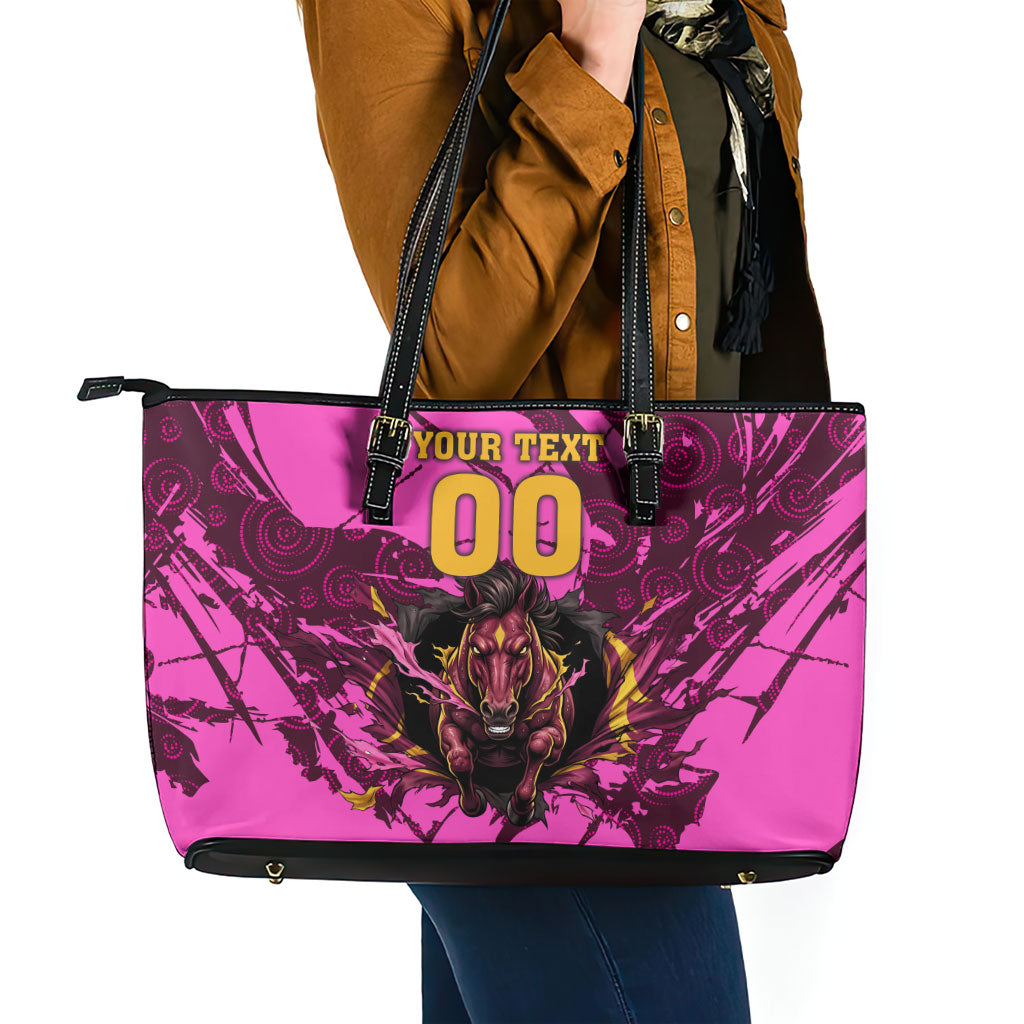 Personalised Brisbane Broncos Leather Tote Bag Fierce Horse Mascot In Pink Aboriginal Dot Art Style