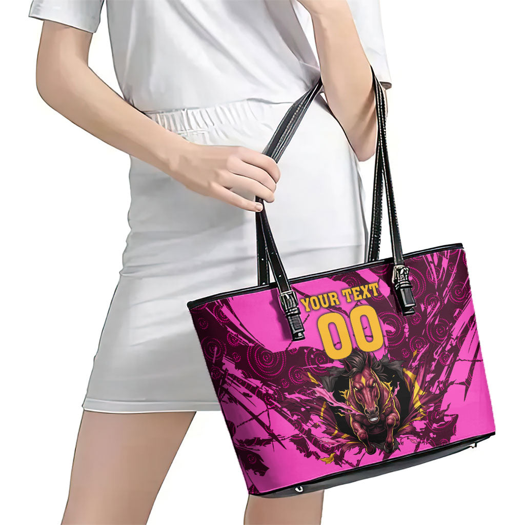 Personalised Brisbane Broncos Leather Tote Bag Fierce Horse Mascot In Pink Aboriginal Dot Art Style
