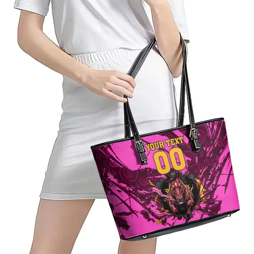 Personalised Brisbane Broncos Leather Tote Bag Fierce Horse Mascot In Pink Aboriginal Dot Art Style