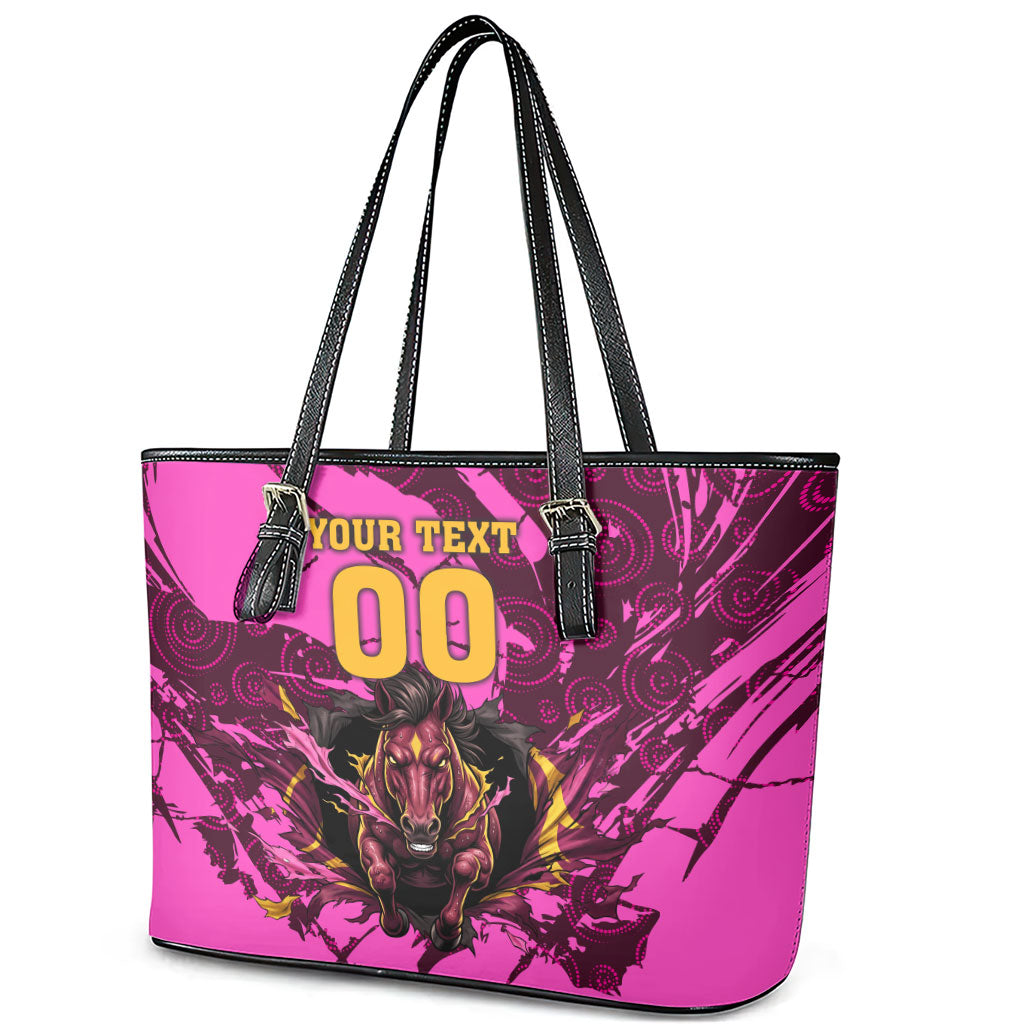 Personalised Brisbane Broncos Leather Tote Bag Fierce Horse Mascot In Pink Aboriginal Dot Art Style