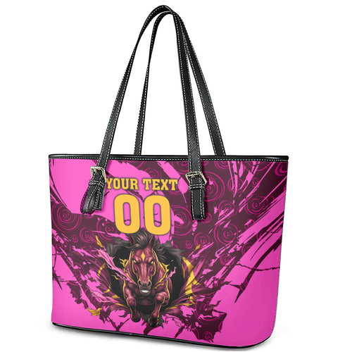 Personalised Brisbane Broncos Leather Tote Bag Fierce Horse Mascot In Pink Aboriginal Dot Art Style