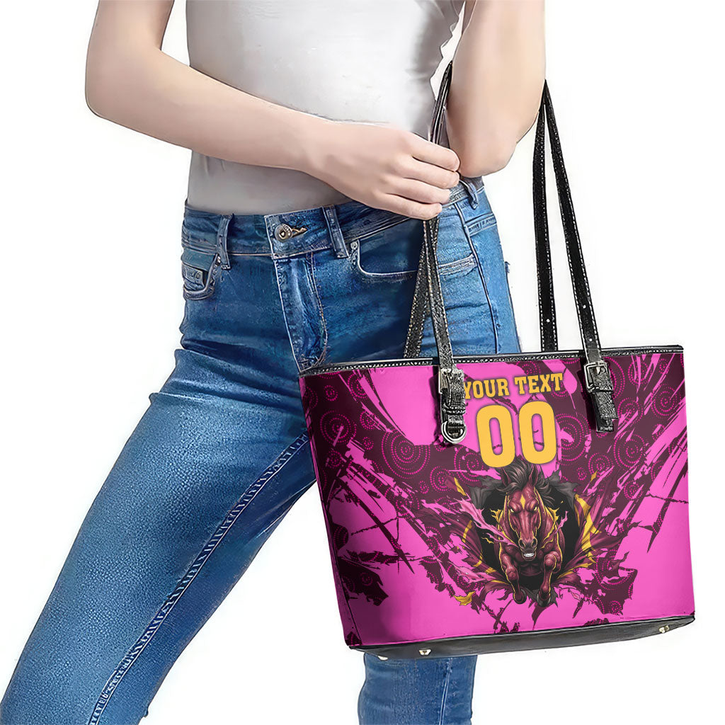 Personalised Brisbane Broncos Leather Tote Bag Fierce Horse Mascot In Pink Aboriginal Dot Art Style