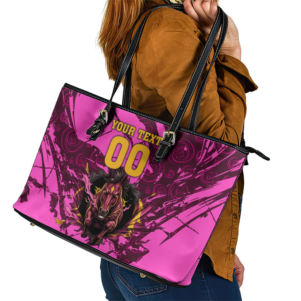 Personalised Brisbane Broncos Leather Tote Bag Fierce Horse Mascot In Pink Aboriginal Dot Art Style