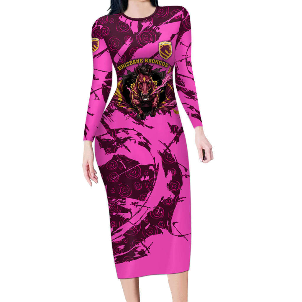 Personalised Brisbane Broncos Long Sleeve Bodycon Dress Fierce Horse Mascot In Pink Aboriginal Dot Art Style