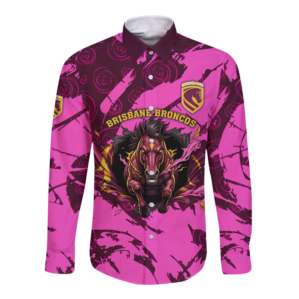 Personalised Brisbane Broncos Long Sleeve Button Shirt Fierce Horse Mascot In Pink Aboriginal Dot Art Style