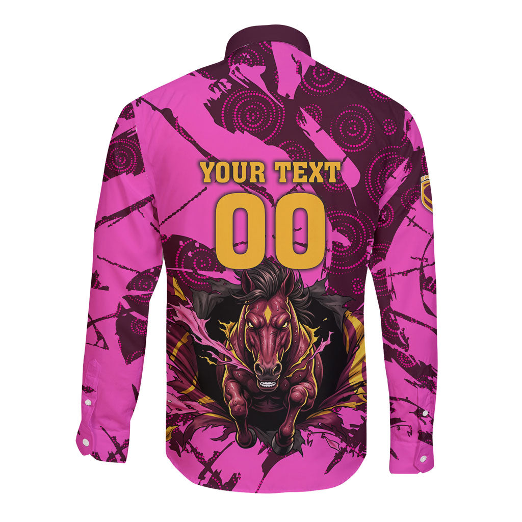 Personalised Brisbane Broncos Long Sleeve Button Shirt Fierce Horse Mascot In Pink Aboriginal Dot Art Style
