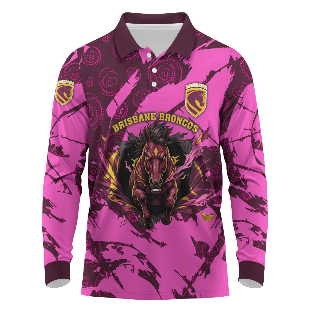 Personalised Brisbane Broncos Long Sleeve Polo Shirt Fierce Horse Mascot In Pink Aboriginal Dot Art Style