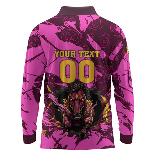 Personalised Brisbane Broncos Long Sleeve Polo Shirt Fierce Horse Mascot In Pink Aboriginal Dot Art Style