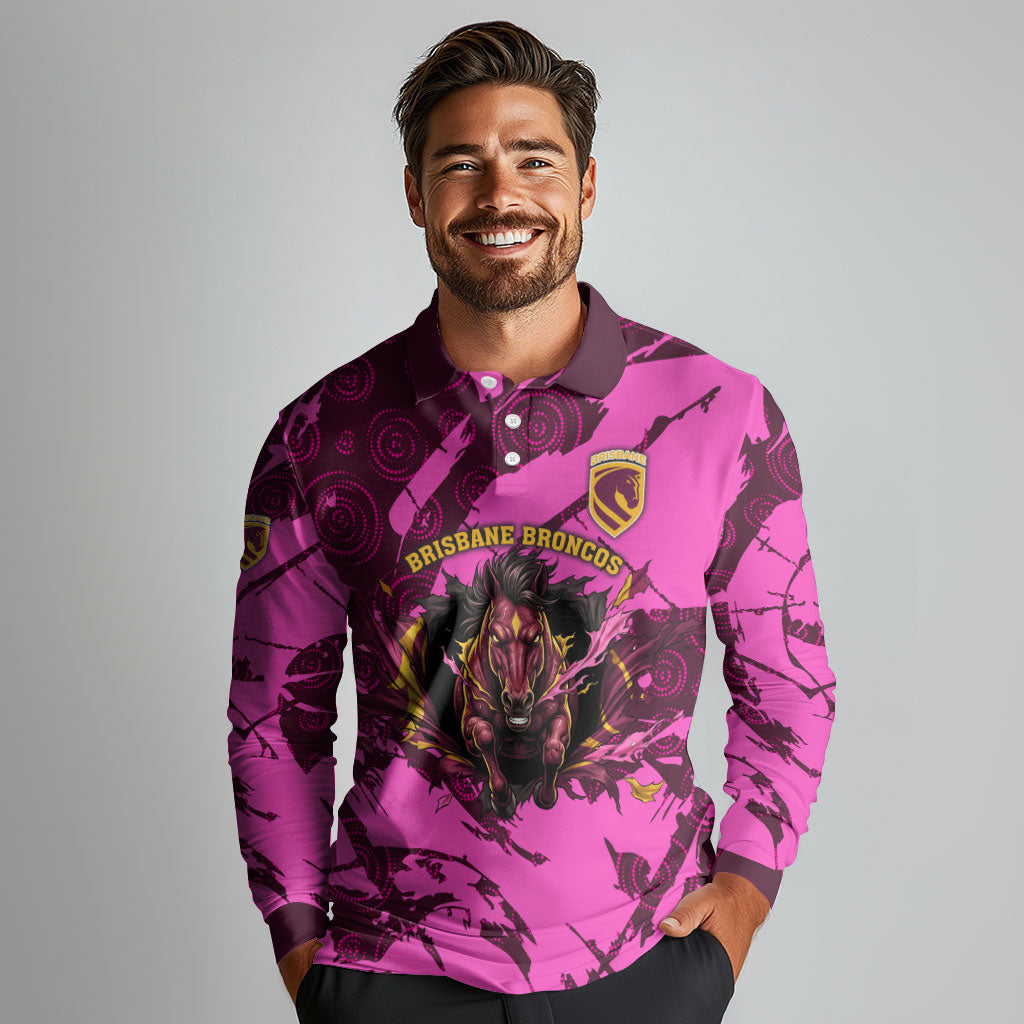 Personalised Brisbane Broncos Long Sleeve Polo Shirt Fierce Horse Mascot In Pink Aboriginal Dot Art Style