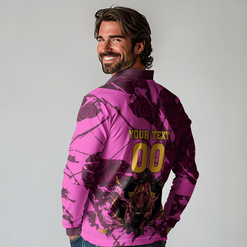 Personalised Brisbane Broncos Long Sleeve Polo Shirt Fierce Horse Mascot In Pink Aboriginal Dot Art Style