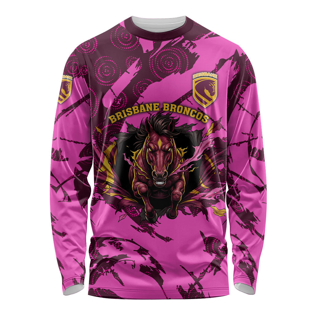 Personalised Brisbane Broncos Long Sleeve Shirt Fierce Horse Mascot In Pink Aboriginal Dot Art Style