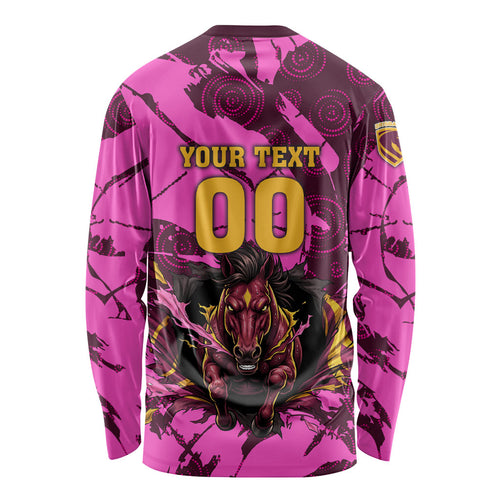 Personalised Brisbane Broncos Long Sleeve Shirt Fierce Horse Mascot In Pink Aboriginal Dot Art Style