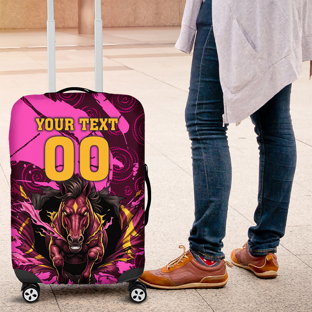 Personalised Brisbane Broncos Luggage Cover Fierce Horse Mascot In Pink Aboriginal Dot Art Style