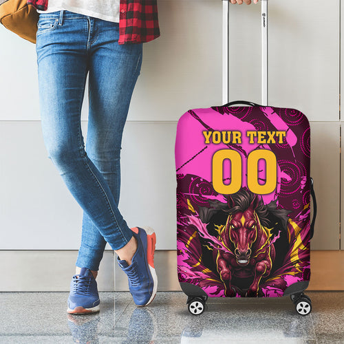Personalised Brisbane Broncos Luggage Cover Fierce Horse Mascot In Pink Aboriginal Dot Art Style