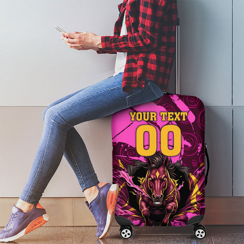 Personalised Brisbane Broncos Luggage Cover Fierce Horse Mascot In Pink Aboriginal Dot Art Style