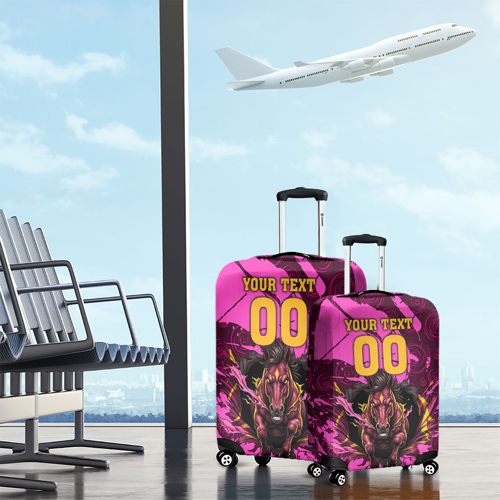 Personalised Brisbane Broncos Luggage Cover Fierce Horse Mascot In Pink Aboriginal Dot Art Style
