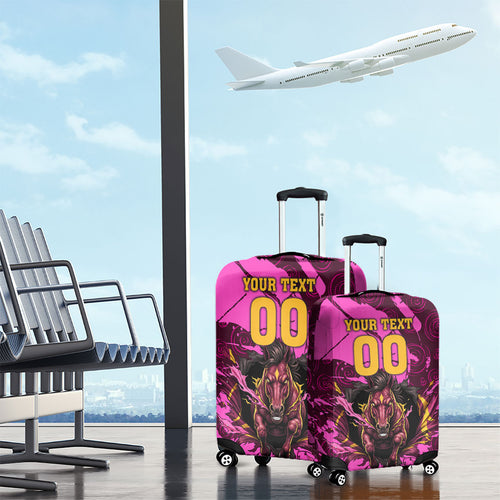 Personalised Brisbane Broncos Luggage Cover Fierce Horse Mascot In Pink Aboriginal Dot Art Style