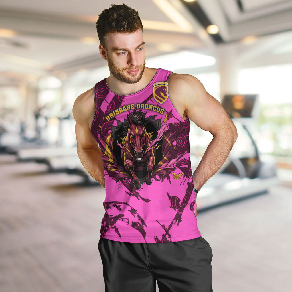 Personalised Brisbane Broncos Men Tank Top Fierce Horse Mascot In Pink Aboriginal Dot Art Style