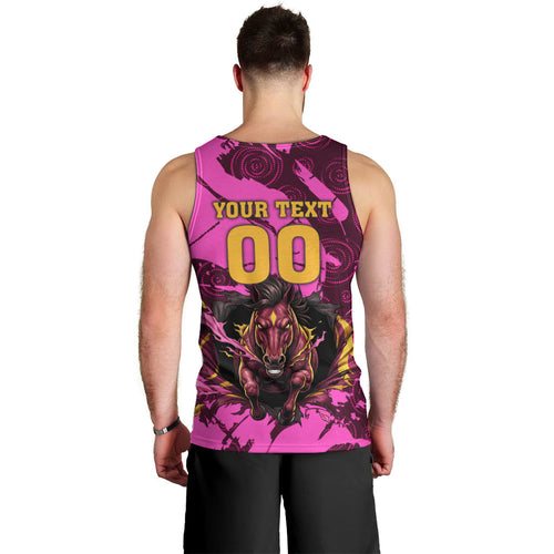 Personalised Brisbane Broncos Men Tank Top Fierce Horse Mascot In Pink Aboriginal Dot Art Style