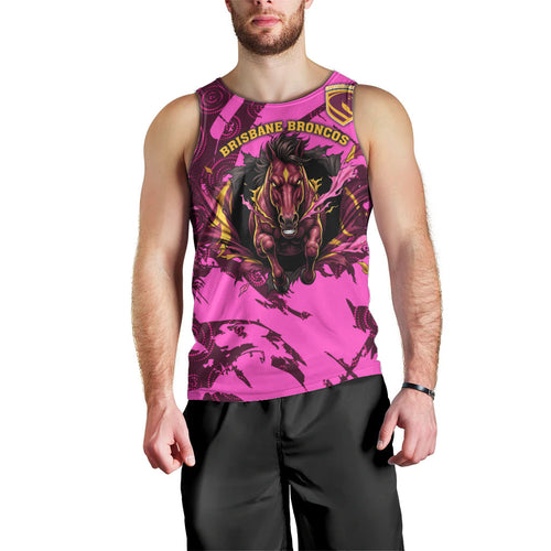 Personalised Brisbane Broncos Men Tank Top Fierce Horse Mascot In Pink Aboriginal Dot Art Style