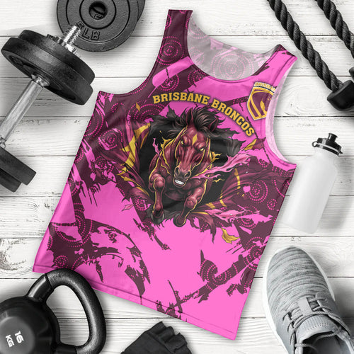 Personalised Brisbane Broncos Men Tank Top Fierce Horse Mascot In Pink Aboriginal Dot Art Style