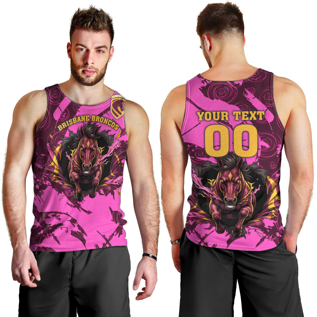 Personalised Brisbane Broncos Men Tank Top Fierce Horse Mascot In Pink Aboriginal Dot Art Style
