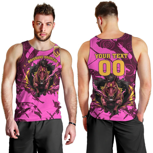 Personalised Brisbane Broncos Men Tank Top Fierce Horse Mascot In Pink Aboriginal Dot Art Style
