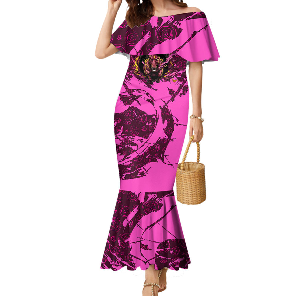 Personalised Brisbane Broncos Mermaid Dress Fierce Horse Mascot In Pink Aboriginal Dot Art Style