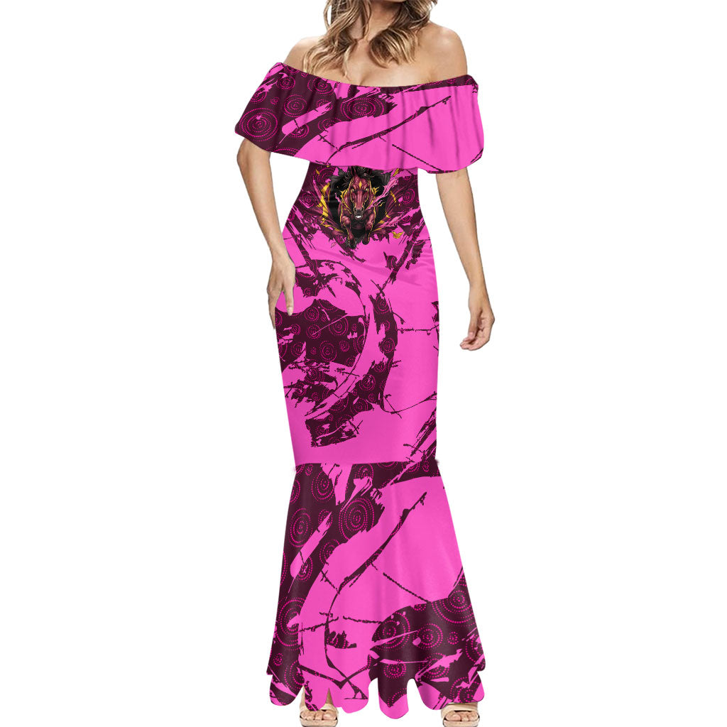 Personalised Brisbane Broncos Mermaid Dress Fierce Horse Mascot In Pink Aboriginal Dot Art Style