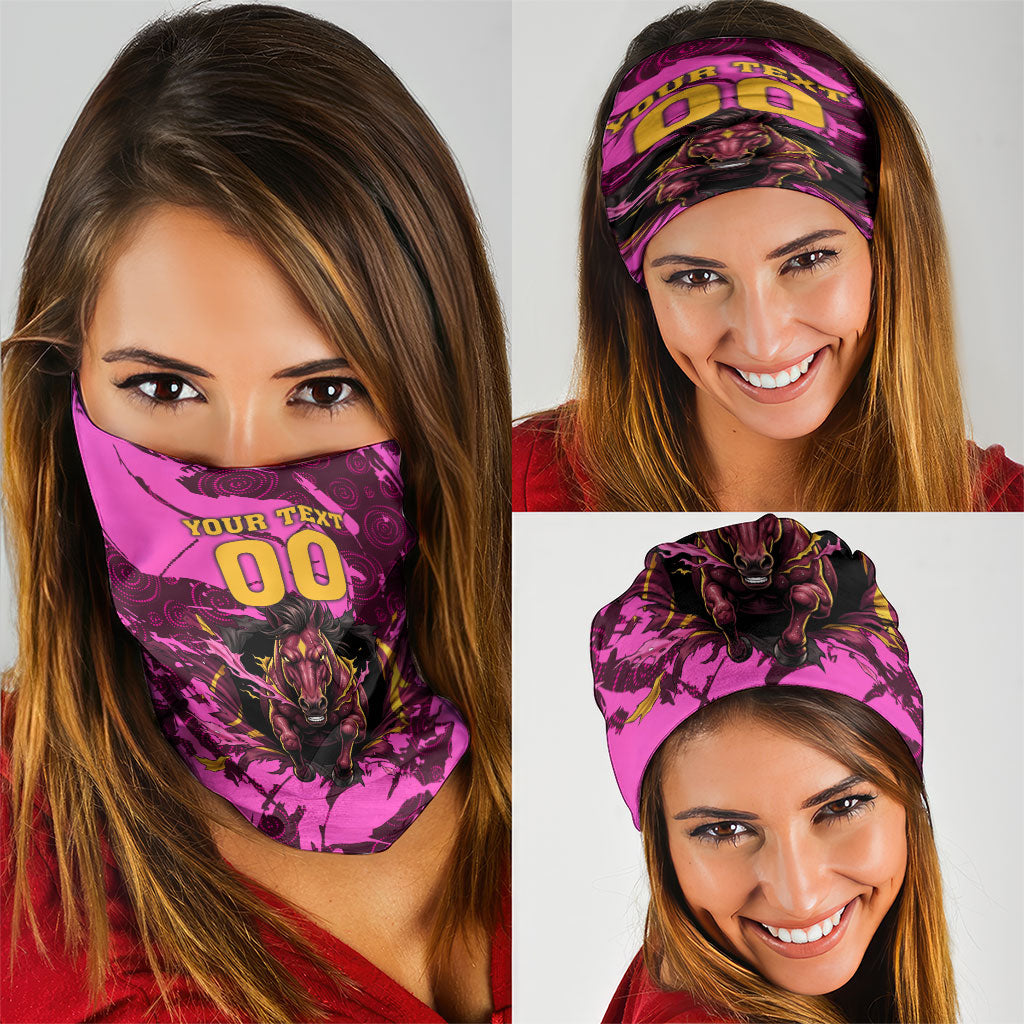 Personalised Brisbane Broncos Neck Gaiter Fierce Horse Mascot In Pink Aboriginal Dot Art Style