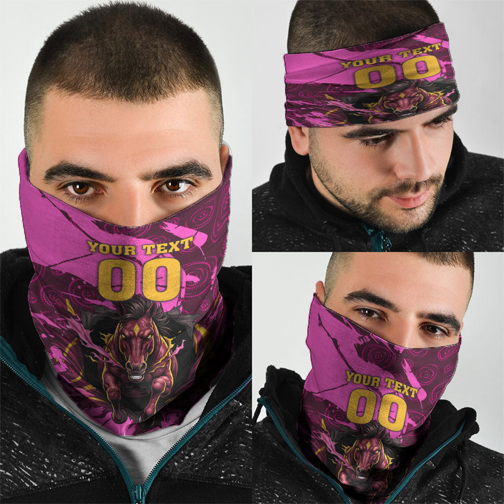 Personalised Brisbane Broncos Neck Gaiter Fierce Horse Mascot In Pink Aboriginal Dot Art Style