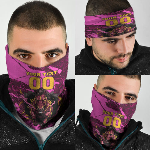 Personalised Brisbane Broncos Neck Gaiter Fierce Horse Mascot In Pink Aboriginal Dot Art Style