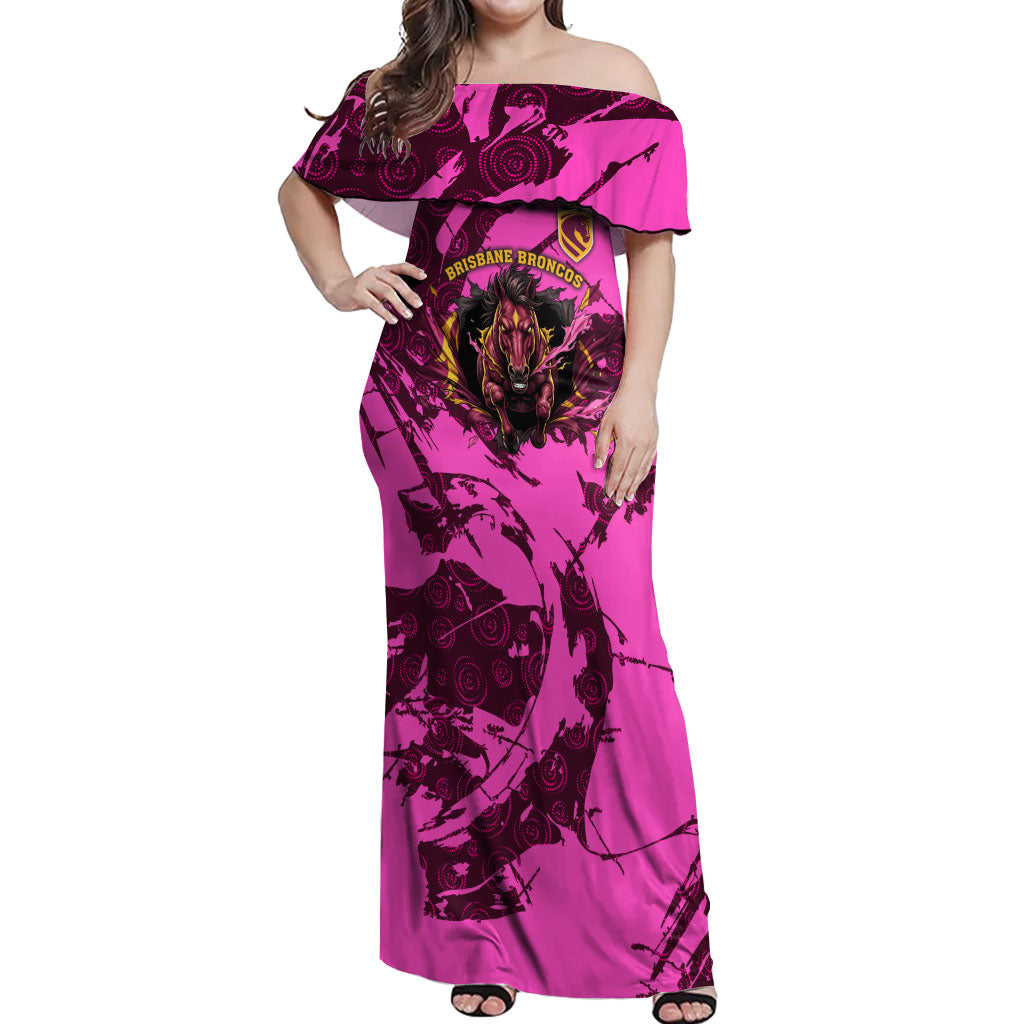 Personalised Brisbane Broncos Off Shoulder Maxi Dress Fierce Horse Mascot In Pink Aboriginal Dot Art Style