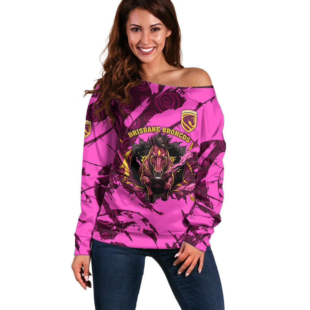Personalised Brisbane Broncos Off Shoulder Sweater Fierce Horse Mascot In Pink Aboriginal Dot Art Style