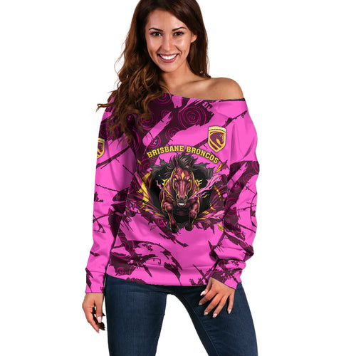 Personalised Brisbane Broncos Off Shoulder Sweater Fierce Horse Mascot In Pink Aboriginal Dot Art Style