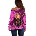 Personalised Brisbane Broncos Off Shoulder Sweater Fierce Horse Mascot In Pink Aboriginal Dot Art Style