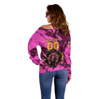 Personalised Brisbane Broncos Off Shoulder Sweater Fierce Horse Mascot In Pink Aboriginal Dot Art Style
